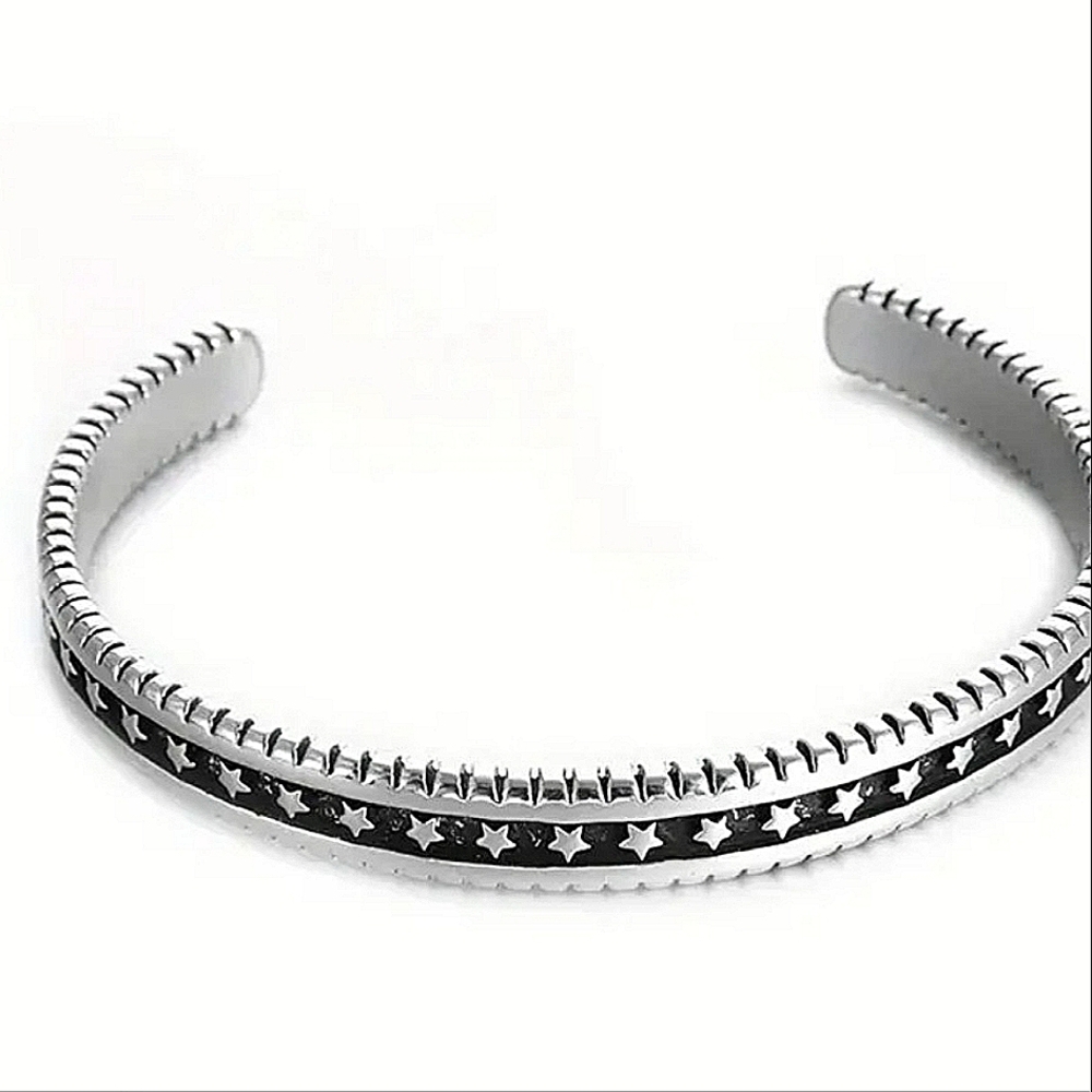 NEW Unisex Engraved Black &‎ Silver Star Cuff Bracelet, Adjustable
